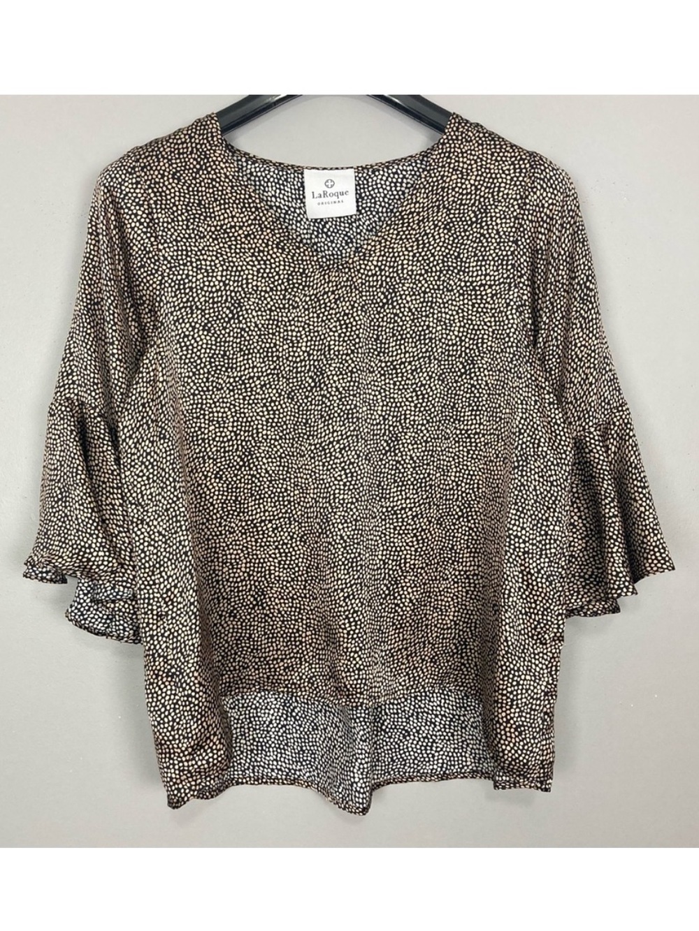 LaRoque Silk Bell Sleeve Blouse Women’s Size L Animal Print V-Neck Relaxed Fit